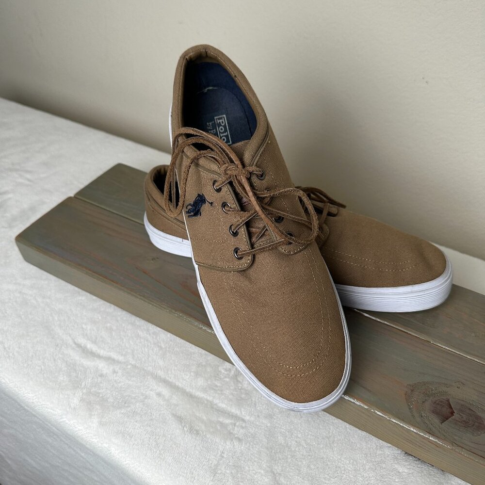 Polo Ralph Lauren Faxon Low Sneakers Men’s 12D Tan Canvas Casual Lace-Up